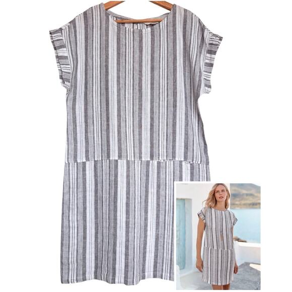 Garnet Hill Dresses & Skirts - Garnet Hill Meraki Linen Shift Dress Gray White Stripe European Flax Coastal M